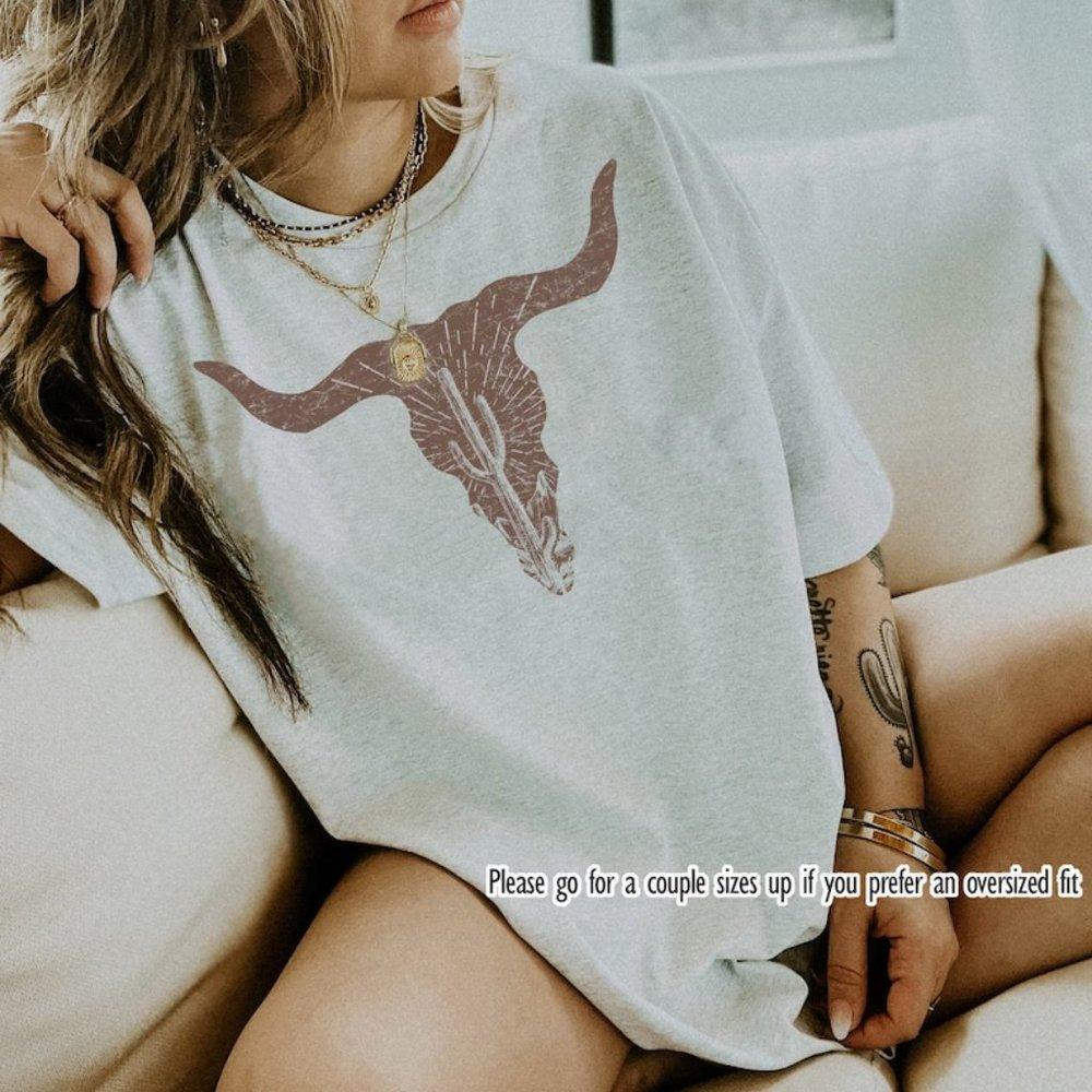 Cow Skull Desert Cactus Silhouette Shirt Southwest Boho Longhorn Buffalo Shirt